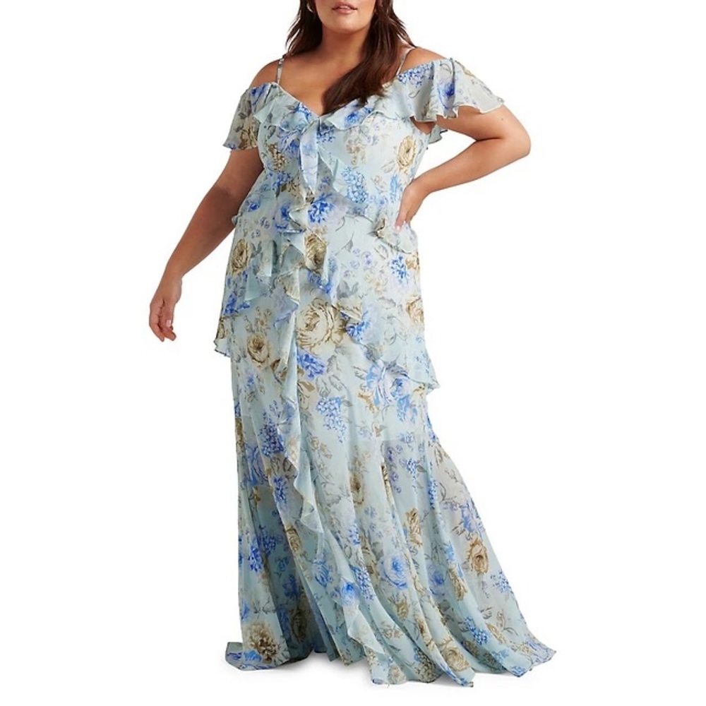 Plus Size Light Blue Floral Off-Shoulder Ruffle Maxi Dress